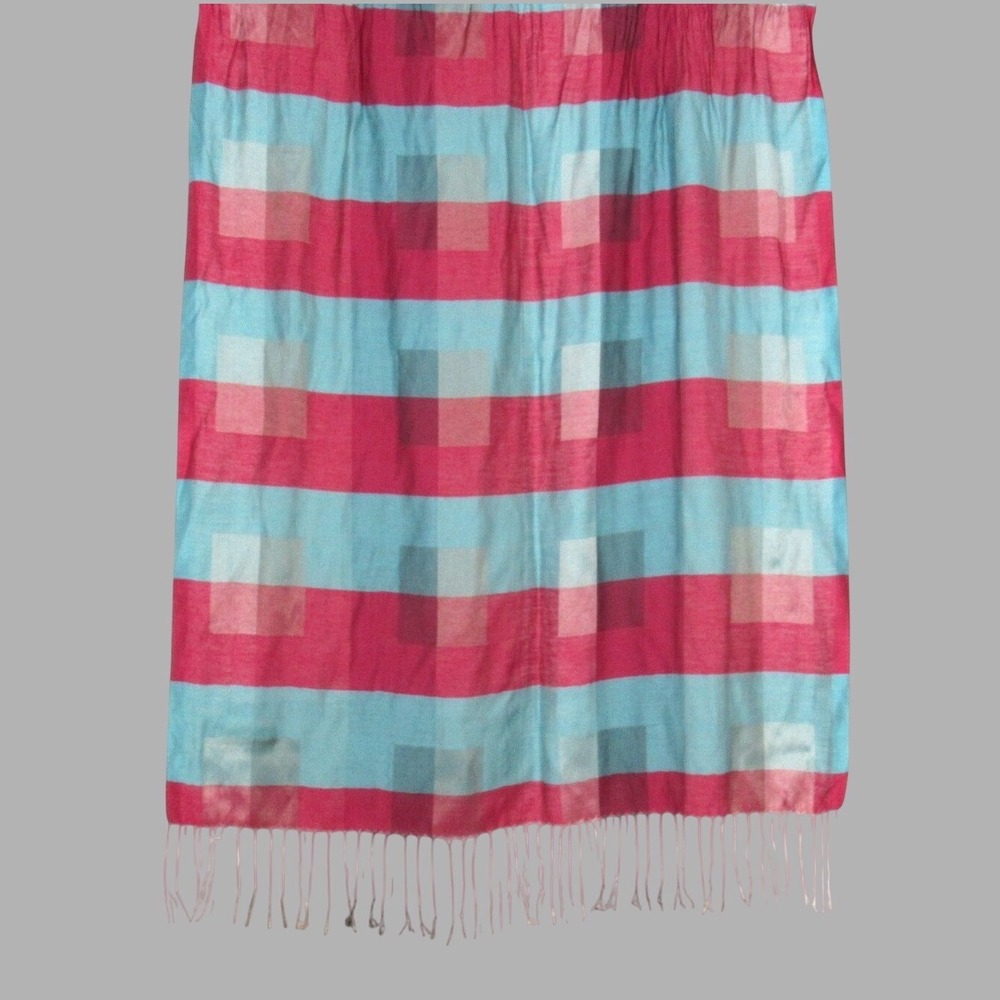 PASHMINA Blue/Pink/Red CAMBODIAN SILK Plaid-Check Print TASSELS Rectangle Scarf
